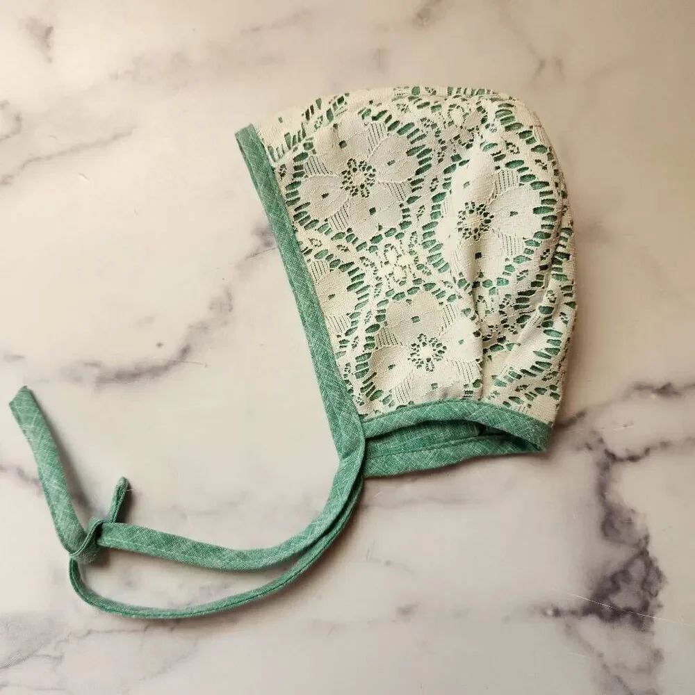 A Path Less Raveled cream floral lace reversible seafoam green bonnet girls 2-6